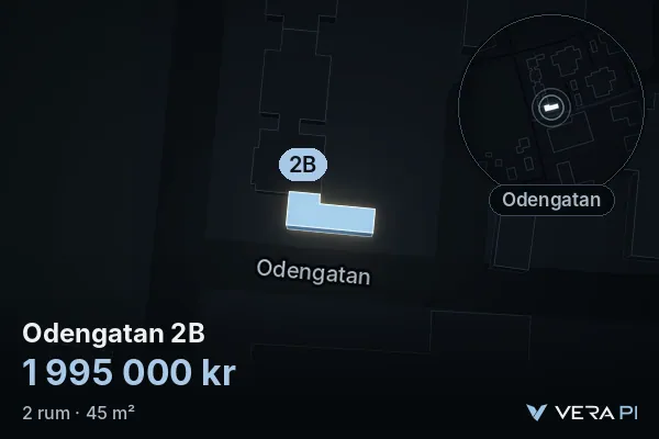 VERA PI:s bild av Odengatan 2B: huset i 3D, upplyst i blått, och kartan runt omkring