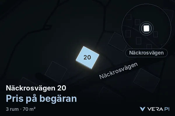 VERA PI:s bild av Näckrosvägen 20: huset i 3D, upplyst i blått, och kartan runt omkring