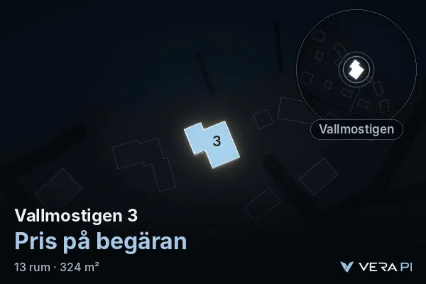 VERA PI:s bild av Vallmostigen 3: huset i 3D, upplyst i blått, och kartan runt omkring