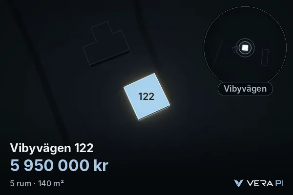 VERA PI's image of Vibyvägen 122: the building in 3D, lit in blue, and the map around it