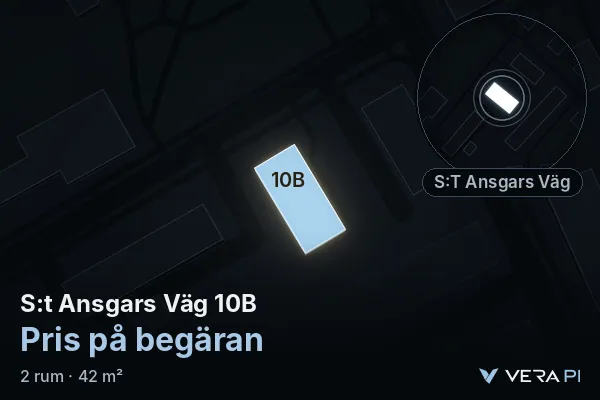 VERA PI's image of S:t Ansgars Väg 10B: the building in 3D, lit in blue, and the map around it