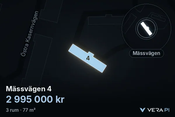 VERA PI's image of Mässvägen 4: the building in 3D, lit in blue, and the map around it