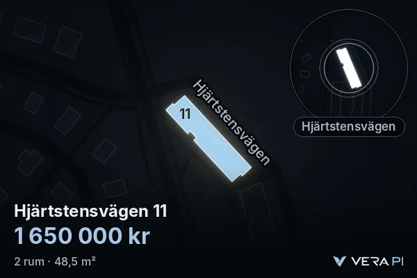VERA PI:s bild av Hjärtstensvägen 11: huset i 3D, upplyst i blått, och kartan runt omkring
