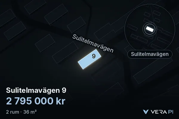 VERA PI:s bild av Sulitelmavägen 9: huset i 3D, upplyst i blått, och kartan runt omkring