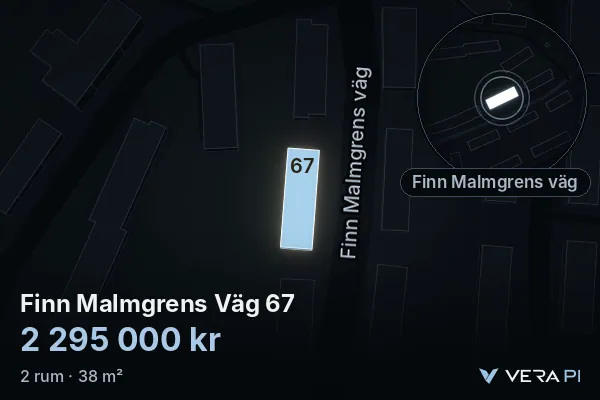 VERA PI:s bild av Finn Malmgrens Väg 67: huset i 3D, upplyst i blått, och kartan runt omkring