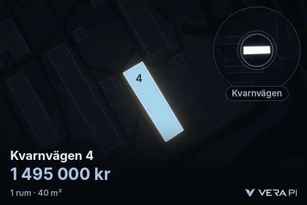 VERA PI's image of Kvarnvägen 4: the building in 3D, lit in blue, and the map around it
