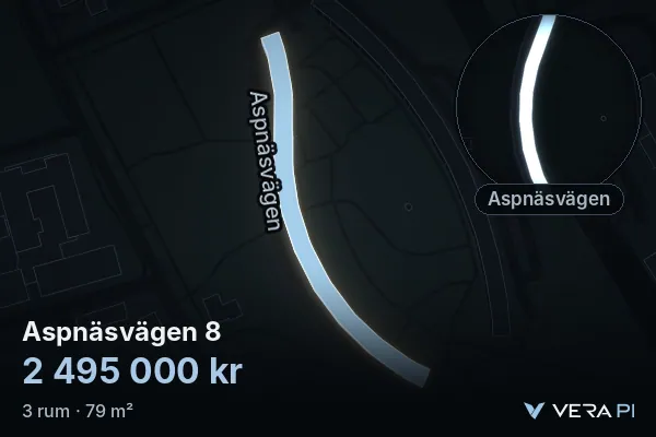 VERA PI's image of Aspnäsvägen 8: the building in 3D, lit in blue, and the map around it