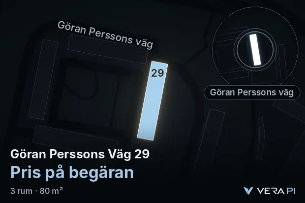 VERA PI:s bild av Göran Perssons Väg 29: huset i 3D, upplyst i blått, och kartan runt omkring