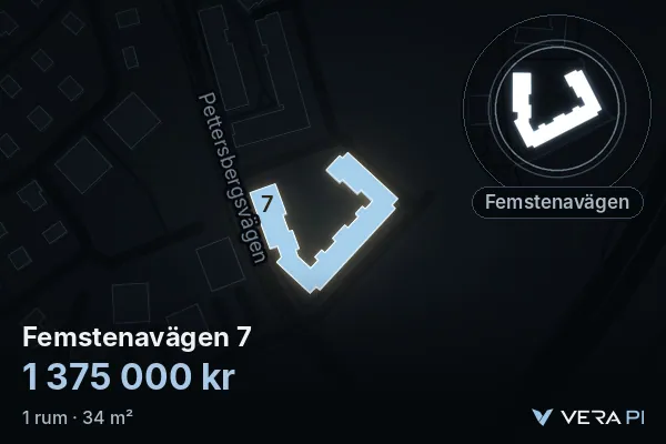 VERA PI:s bild av Femstenavägen 7: huset i 3D, upplyst i blått, och kartan runt omkring