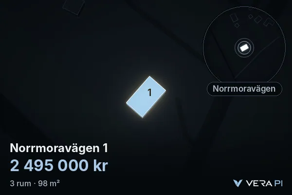 VERA PI's image of Norrmoravägen 1: the building in 3D, lit in blue, and the map around it