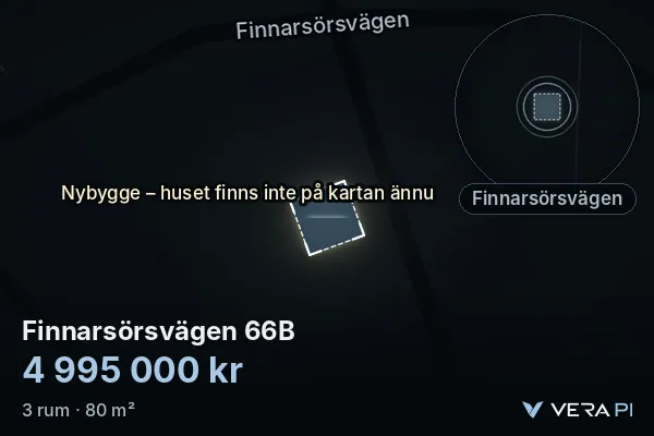VERA PI's image of Finnarsörsvägen 66B: the building in 3D, lit in blue, and the map around it