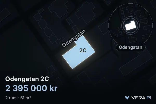 VERA PI:s bild av Odengatan 2C: huset i 3D, upplyst i blått, och kartan runt omkring