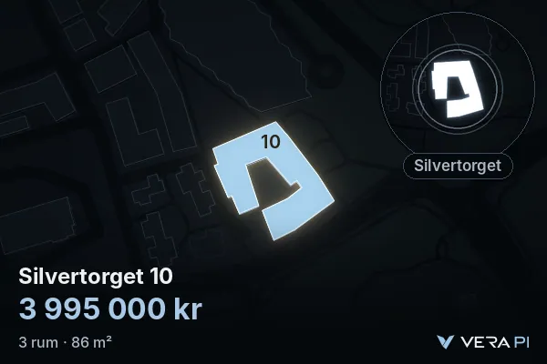VERA PI's image of Silvertorget 10: the building in 3D, lit in blue, and the map around it