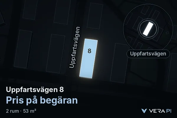VERA PI:s bild av Uppfartsvägen 8: huset i 3D, upplyst i blått, och kartan runt omkring