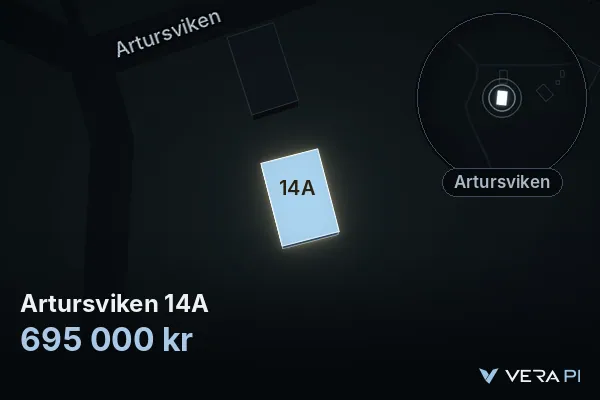VERA PI:s bild av Artursviken 14A: huset i 3D, upplyst i blått, och kartan runt omkring