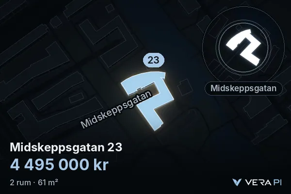 VERA PI:s bild av Midskeppsgatan 23: huset i 3D, upplyst i blått, och kartan runt omkring