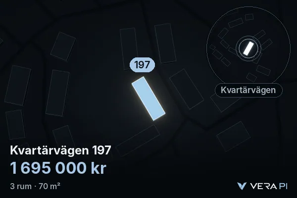 VERA PI:s bild av Kvartärvägen 197: huset i 3D, upplyst i blått, och kartan runt omkring
