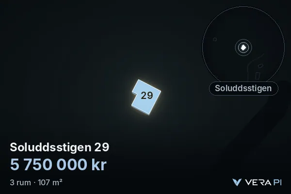 VERA PI:s bild av Soluddsstigen 29: huset i 3D, upplyst i blått, och kartan runt omkring