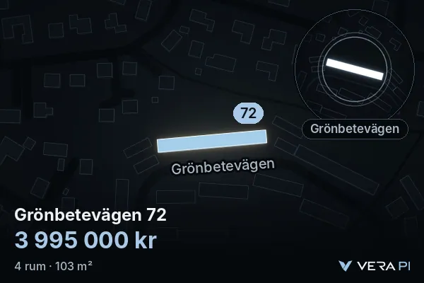 VERA PI:s bild av Grönbetevägen 72: huset i 3D, upplyst i blått, och kartan runt omkring