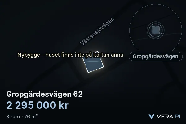 VERA PI:s bild av Gropgärdesvägen 62: huset i 3D, upplyst i blått, och kartan runt omkring