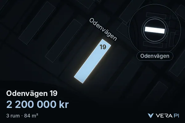 VERA PI:s bild av Odenvägen 19: huset i 3D, upplyst i blått, och kartan runt omkring