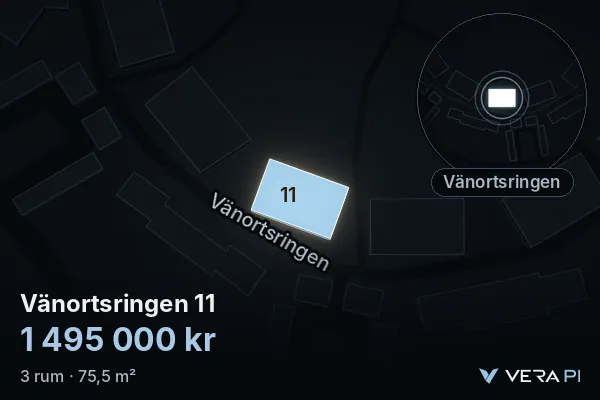 VERA PI's image of Vänortsringen 11: the building in 3D, lit in blue, and the map around it