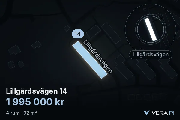 VERA PI:s bild av Lillgårdsvägen 14: huset i 3D, upplyst i blått, och kartan runt omkring