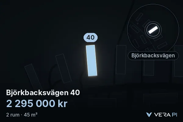 VERA PI:s bild av Björkbacksvägen 40: huset i 3D, upplyst i blått, och kartan runt omkring
