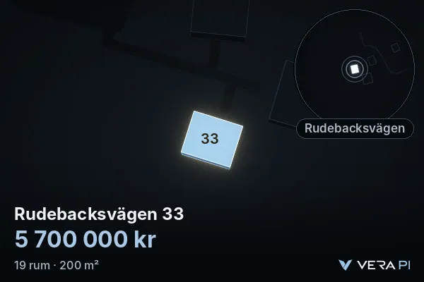 VERA PI:s bild av Rudebacksvägen 33: huset i 3D, upplyst i blått, och kartan runt omkring