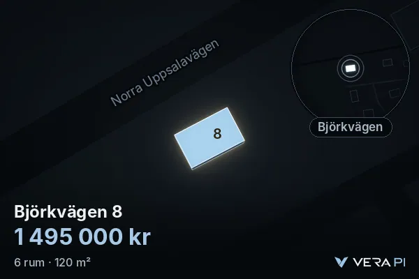 VERA PI's image of Björkvägen 8: the building in 3D, lit in blue, and the map around it