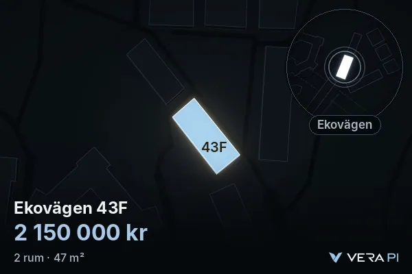 VERA PI:s bild av Ekovägen 43F: huset i 3D, upplyst i blått, och kartan runt omkring