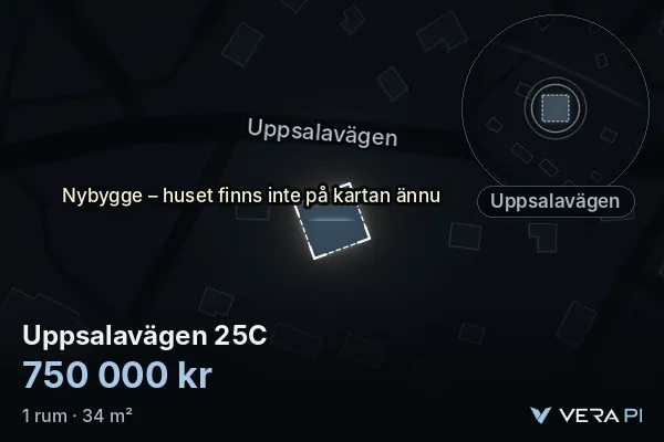 VERA PI:s bild av Uppsalavägen 25C: huset i 3D, upplyst i blått, och kartan runt omkring