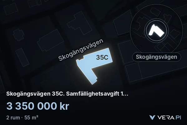 VERA PI:s bild av Skogängsvägen 35C. Samfällighetsavgift 1714kr/månad: huset i 3D, upplyst i blått, och kartan runt omkring