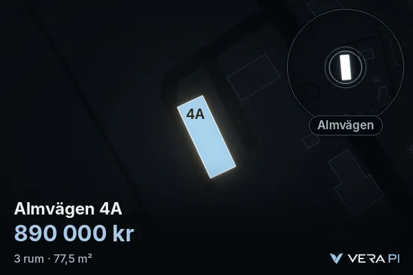 VERA PI's image of Almvägen 4A: the building in 3D, lit in blue, and the map around it