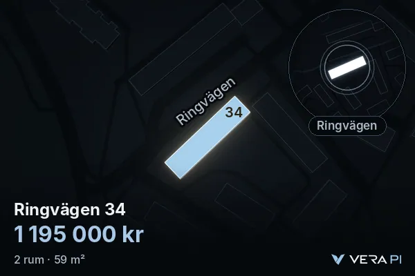 VERA PI:s bild av Ringvägen 34: huset i 3D, upplyst i blått, och kartan runt omkring