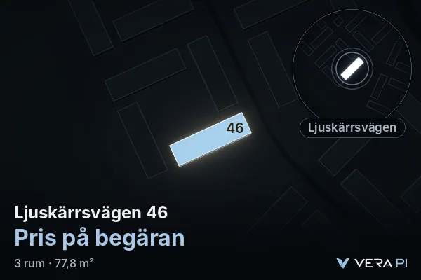 VERA PI:s bild av Ljuskärrsvägen 46: huset i 3D, upplyst i blått, och kartan runt omkring