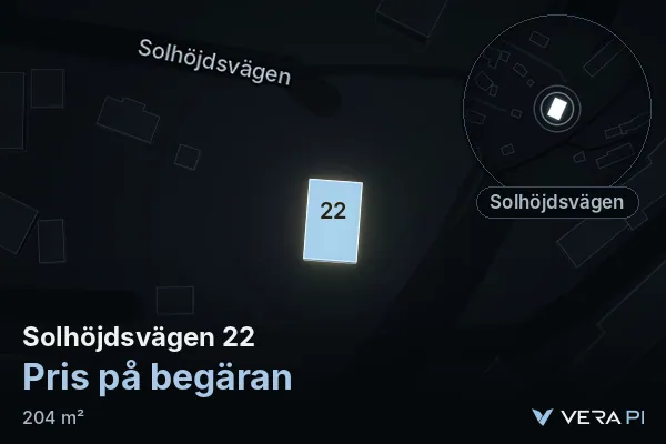VERA PI:s bild av Solhöjdsvägen 22: huset i 3D, upplyst i blått, och kartan runt omkring