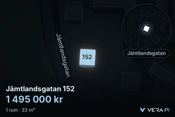 VERA PI:s bild av Jämtlandsgatan 152: huset i 3D, upplyst i blått, och kartan runt omkring
