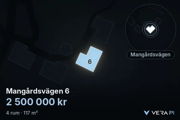 VERA PI:s bild av Mangårdsvägen 6: huset i 3D, upplyst i blått, och kartan runt omkring