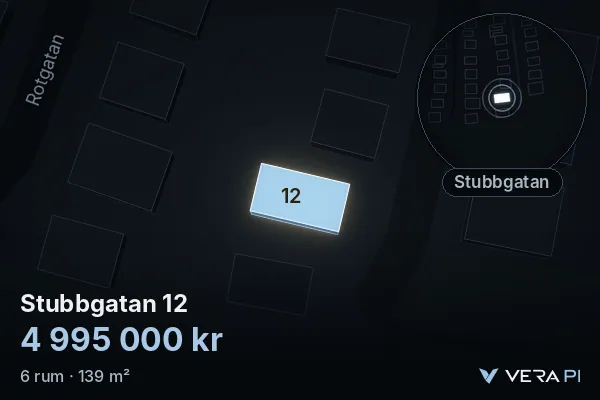 VERA PI's image of Stubbgatan 12: the building in 3D, lit in blue, and the map around it