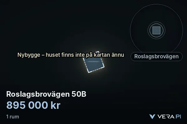 VERA PI's image of Roslagsbrovägen 50B: the building in 3D, lit in blue, and the map around it