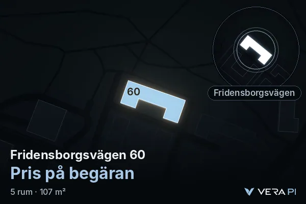 VERA PI:s bild av Fridensborgsvägen 60: huset i 3D, upplyst i blått, och kartan runt omkring