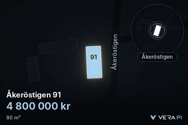 VERA PI's image of Åkeröstigen 91: the building in 3D, lit in blue, and the map around it