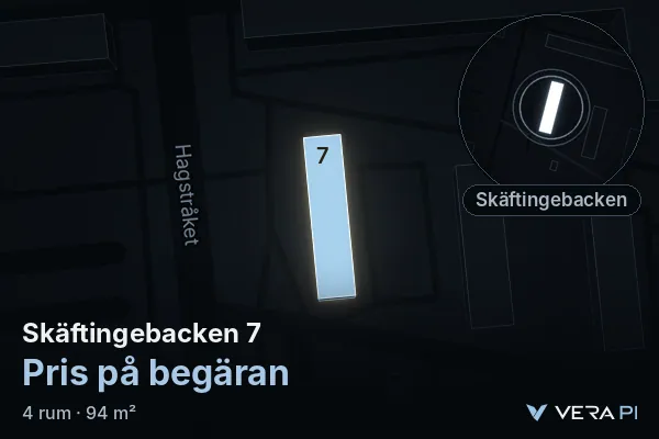 VERA PI:s bild av Skäftingebacken 7: huset i 3D, upplyst i blått, och kartan runt omkring