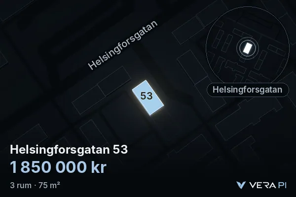 VERA PI:s bild av Helsingforsgatan 53: huset i 3D, upplyst i blått, och kartan runt omkring