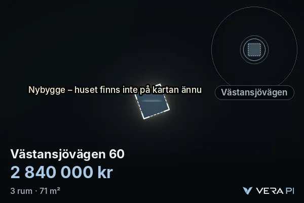 VERA PI:s bild av Västansjövägen 60: huset i 3D, upplyst i blått, och kartan runt omkring