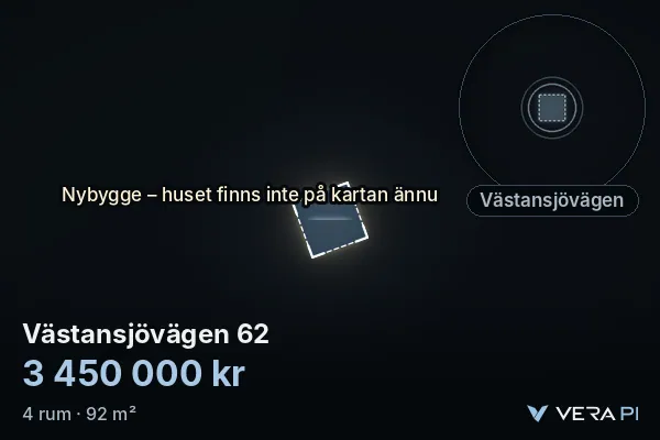 VERA PI:s bild av Västansjövägen 62: huset i 3D, upplyst i blått, och kartan runt omkring