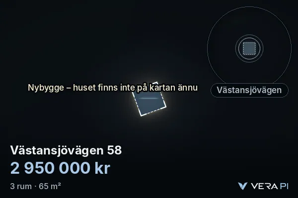 VERA PI:s bild av Västansjövägen 58: huset i 3D, upplyst i blått, och kartan runt omkring