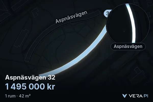 VERA PI's image of Aspnäsvägen 32: the building in 3D, lit in blue, and the map around it