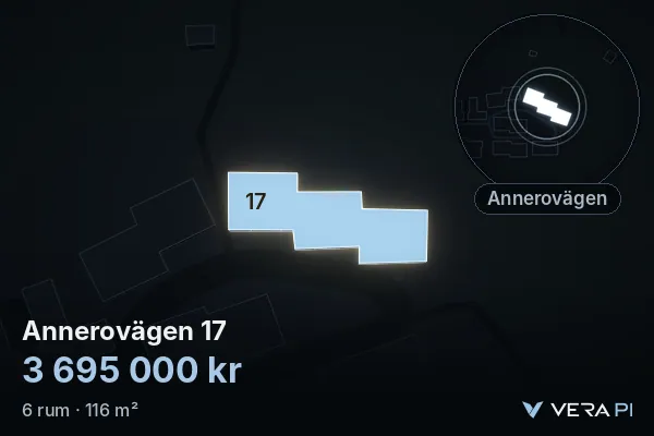 VERA PI's image of Annerovägen 17: the building in 3D, lit in blue, and the map around it